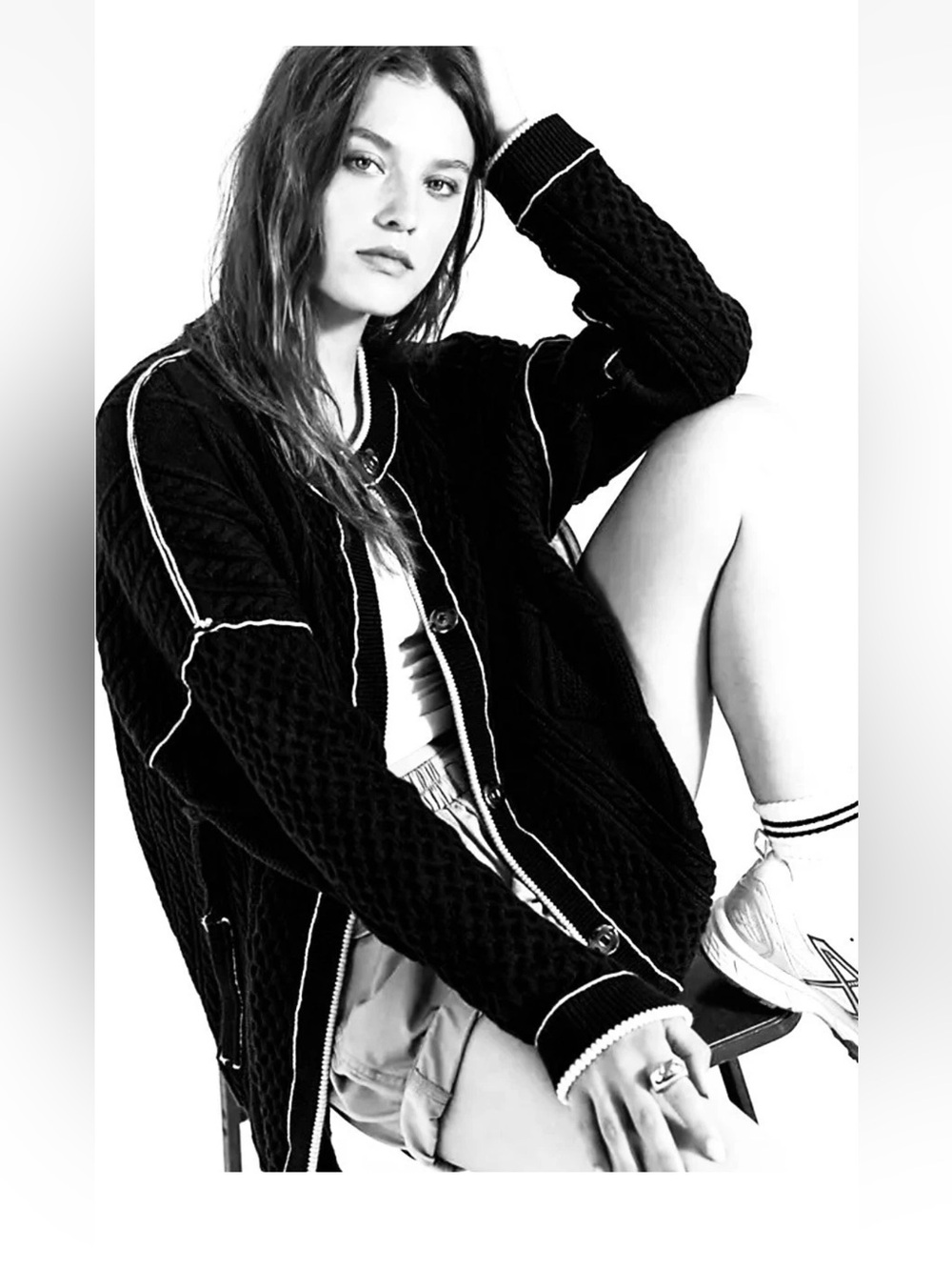 Free People We The Free Cable Tennesee Cable Knit Cardi Long Black White XS NWT